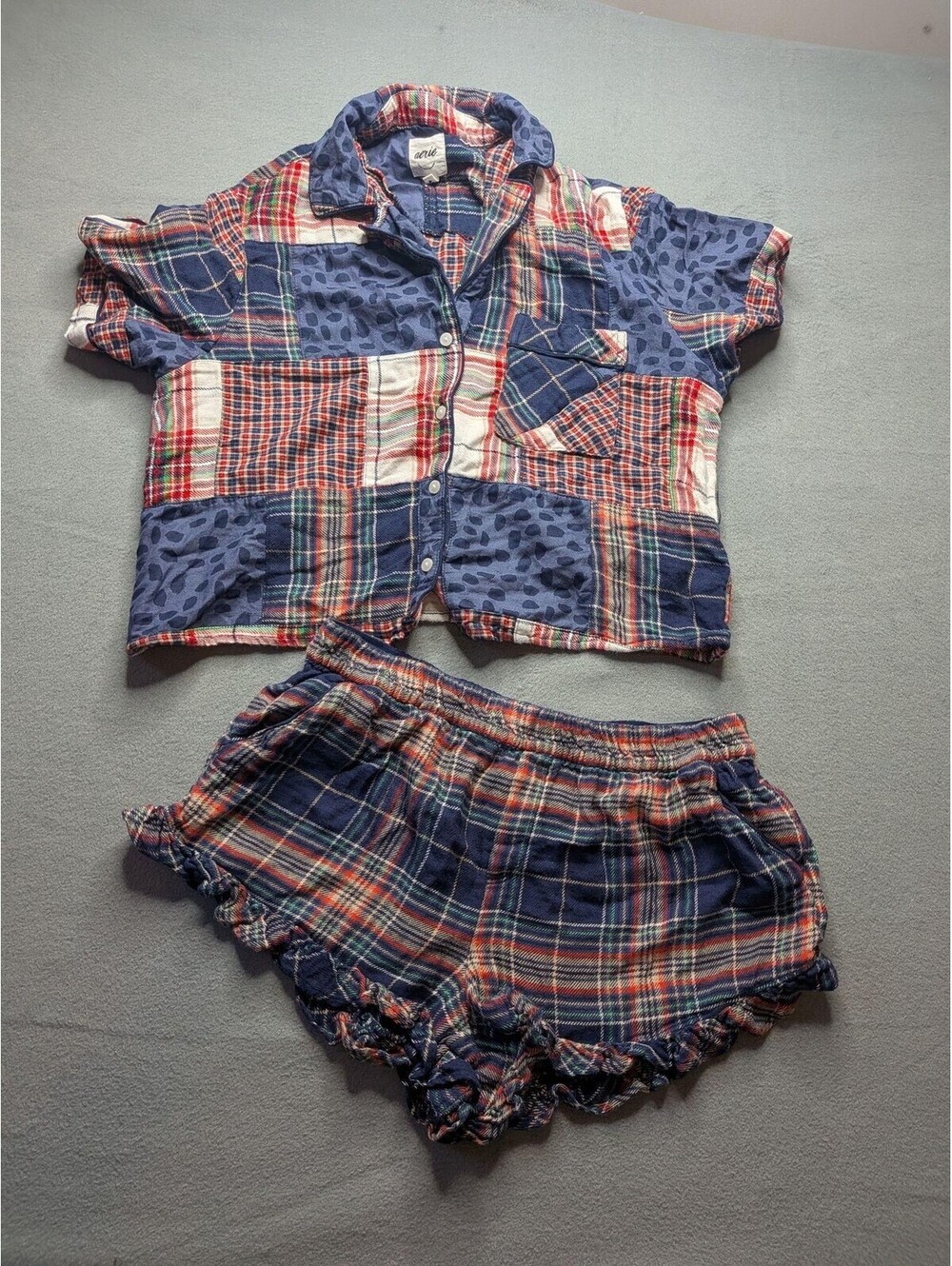 Aerie Pajama Set Womens M Blue Plaid Patchwork Flannel Top Shorts Ruffle Lounge